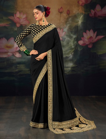 Black party wear munga silk designer saree