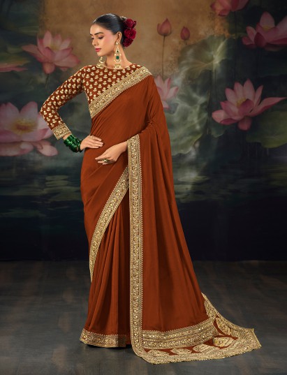Brown munga silk saree with resham sequins work
