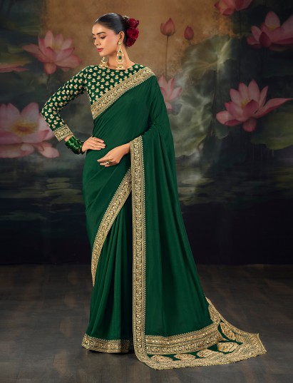 Dark green festive munga silk saree