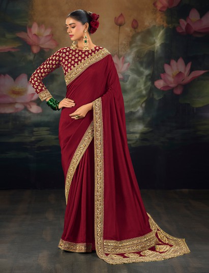 Maroon munga silk saree with designer border