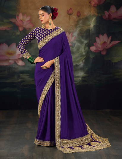 Purple munga silk saree with resham sequins detailing
