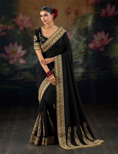 Black pure munga silk party wear saree