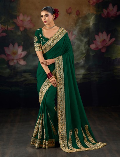 Dark green munga silk saree with detailed border