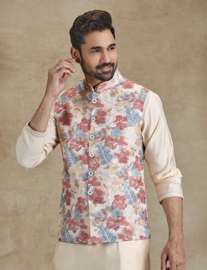 Beige silk resham sequins printed waistcoat kurta set