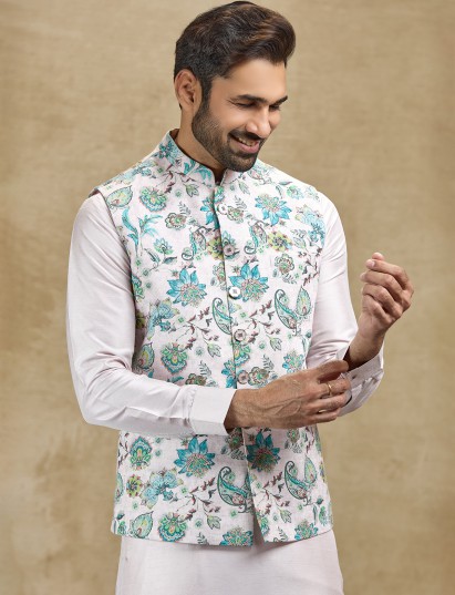 Lilac purple floral printed silk waistcoat kurta set