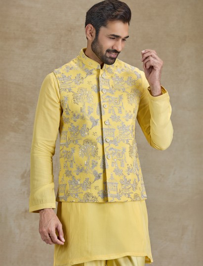 Yellow silk resham sequins waistcoat kurta set for haldi