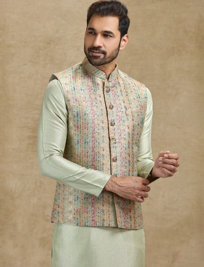 Pista green woven jacquard silk waistcoat kurta set