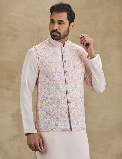 Light pink cotton printed embroidered waistcoat kurta set