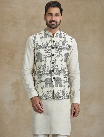 Fawn beige linen thread work waistcoat kurta set