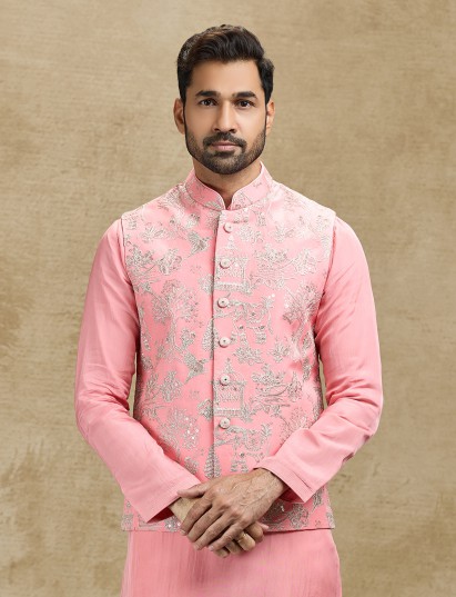 Pink silk resham sequins waistcoat kurta set for men