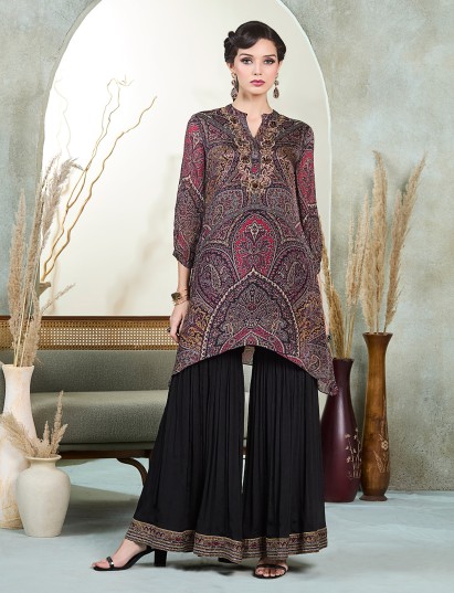 Black printed silk stand collar festive kurti palazzo set