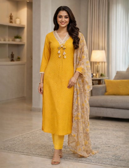 Yellow cotton kurti festive wear set with printed dupatta
