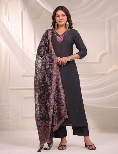 Black cotton silk plain kurti set with printed dupatta