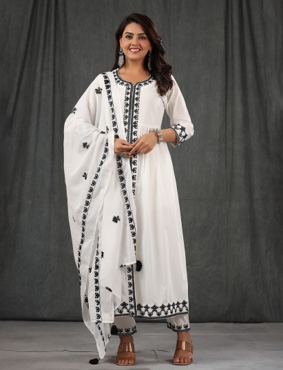 White thread worked cotton kurti