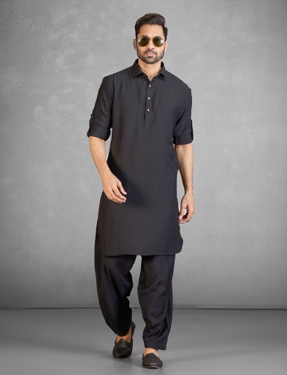 Traditional black cotton blend pathani suit with pocket