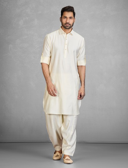 Sophisticated cream cotton blend pathani suit for men