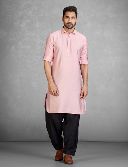 Stylish pink cotton blend pathani suit for men
