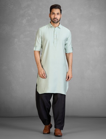 Elegant pista green cotton blend pathani suit