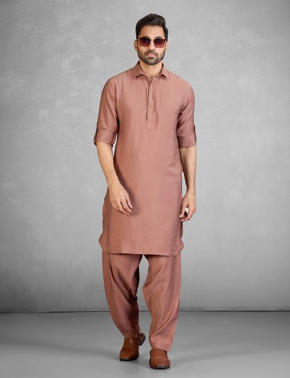 Rich rust brown cotton blend pathani suit for men