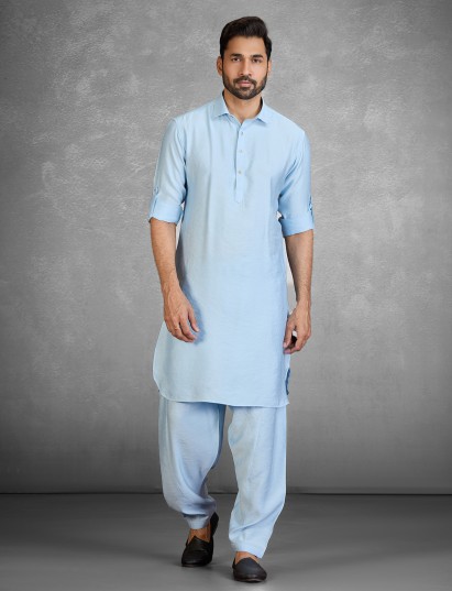 Refreshing sky blue cotton blend pathani suit for men