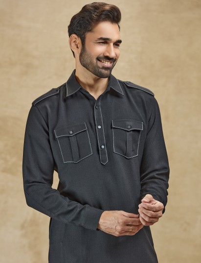 Classic black linen pathani suit with collar for festive elegance