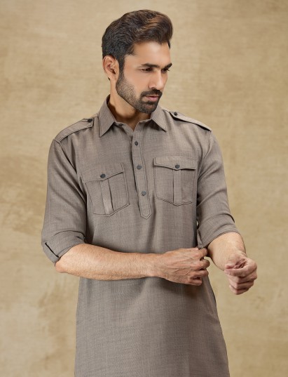 Elegant olive linen pathani suit with collar for festive occasions