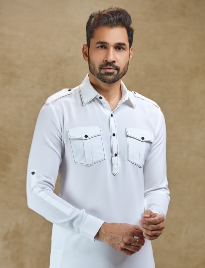 Timeless white linen pathani suit with collar for eid celebrations