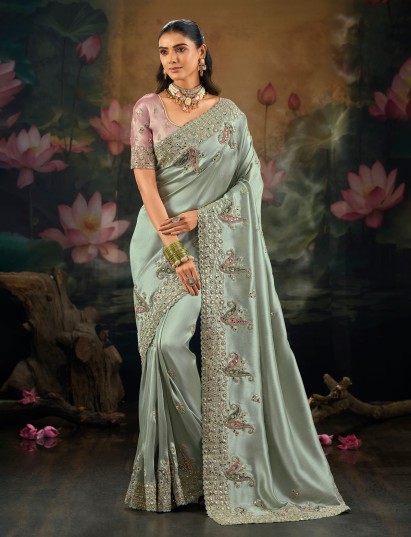 Mint green ziraf silk wedding wear saree
