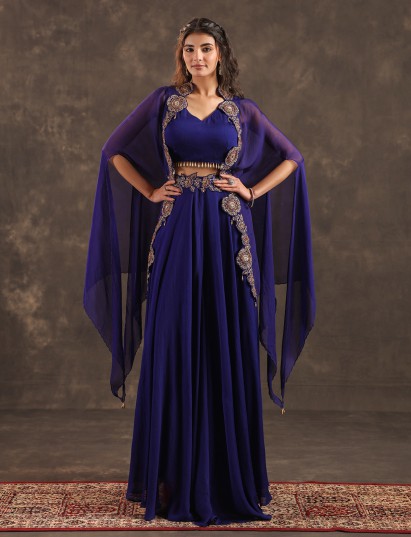 Royal blue viscose crepe designer palazzo suit with shrug