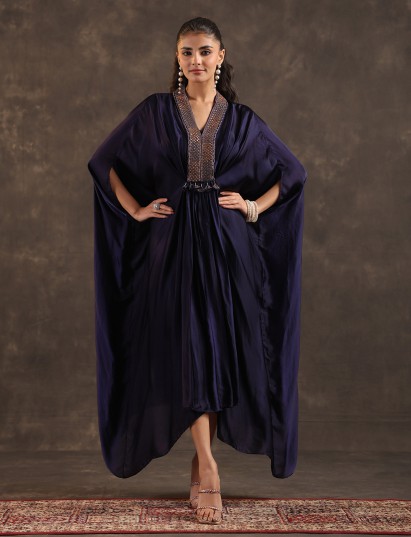 Navy blue modal satin flared kaftan suit with festive sparkle