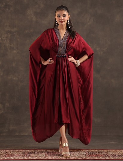 Maroon modal satin flared kaftan suit with festive embellishments