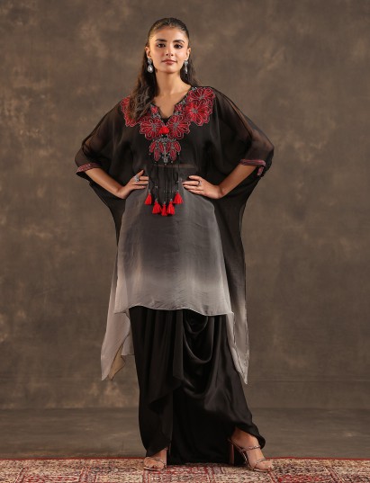 Black ombre organza kaftan suit with heavy festive embellishments