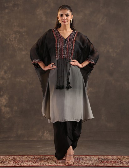 Black organza embellished kaftan suit with elegant V neckline