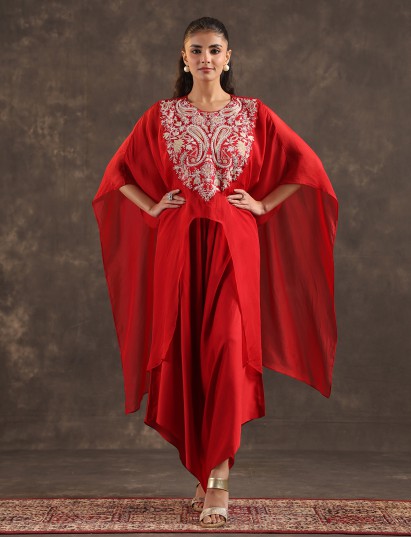 Designer red organza kaftan dhoti suit with elegant thread work