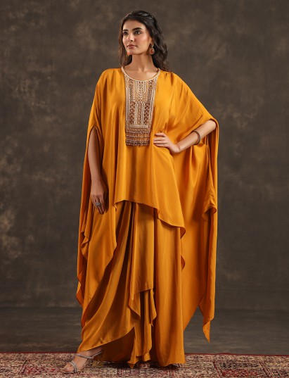 Mustard yellow viscose crepe kaftan suit with pearl embellishments