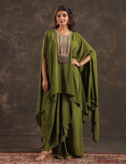 Mehendi green viscose crepe kaftan suit with festive embellishments