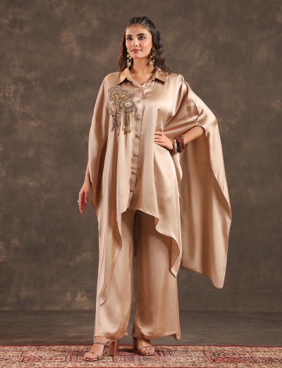 Beige modal satin kaftan palazzo suit with festive coin details