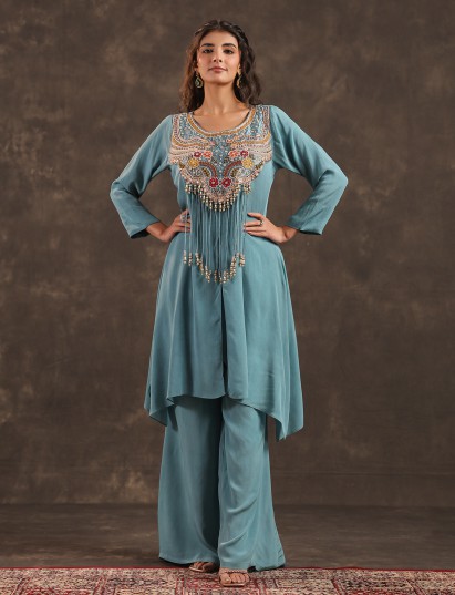 Sky blue yoke style palazzo suit with delicate embellishments