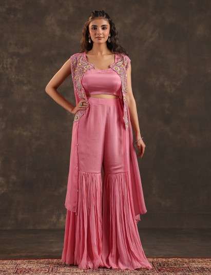 Pink chinon jacket style sharara suit with zardosi embellishments