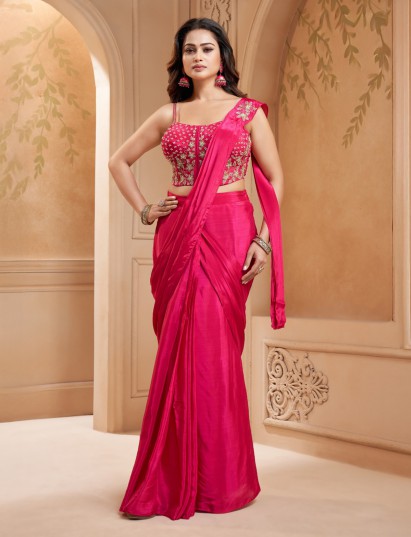 Magenta satin silk designer ready to wear festive saree