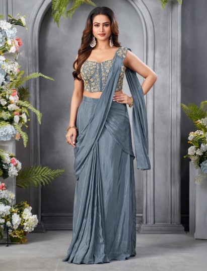 Grey satin silk designer ready to wear party wear saree