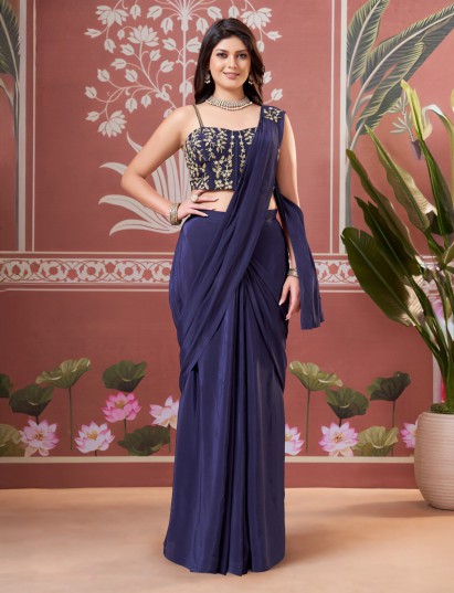 Purple satin silk designer ready to wear saree