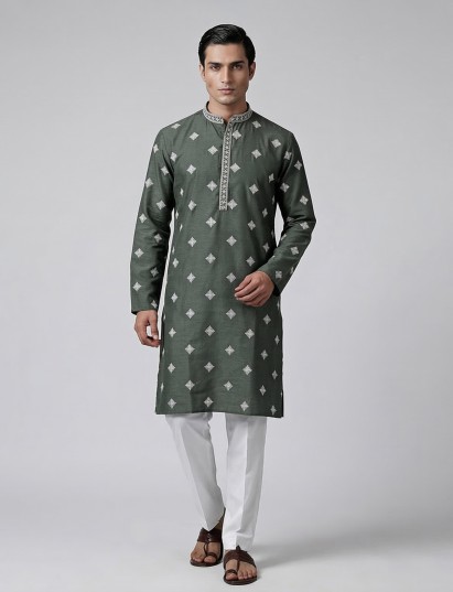 Elegant sea green silk kurta suit with embroidery
