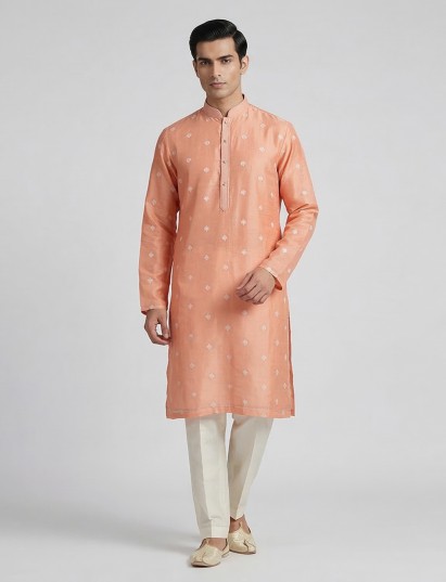 Peach cotton embroidered kurta suit with festive sequin detailing