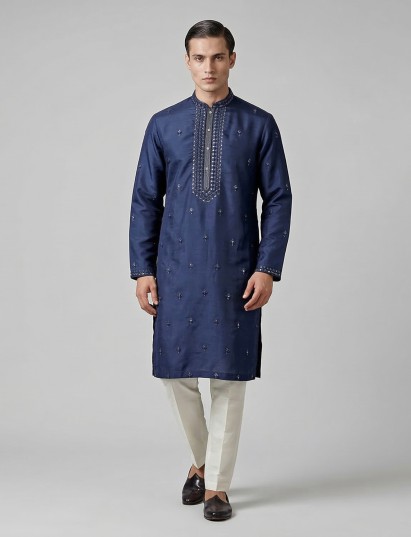 Navy silk embroidered work kurta suit for festive elegance