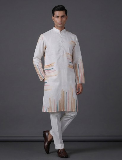 White cotton linen printed festive kurta suit