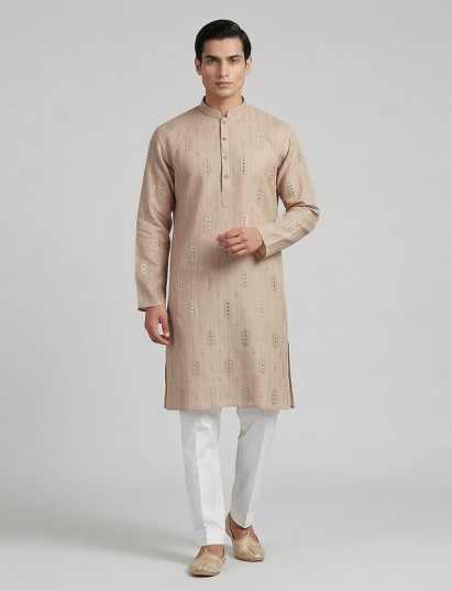 Beige cotton linen embroidered festive kurta suit