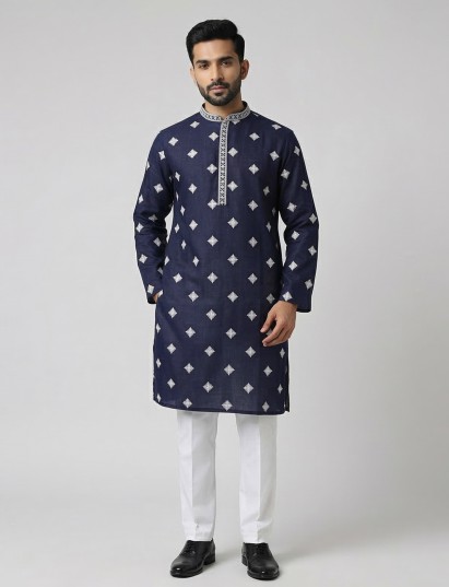 Navy blue cotton silk embroidered festive kurta suit