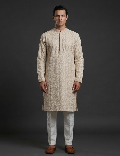 Cream cotton linen embroidered festive kurta suit