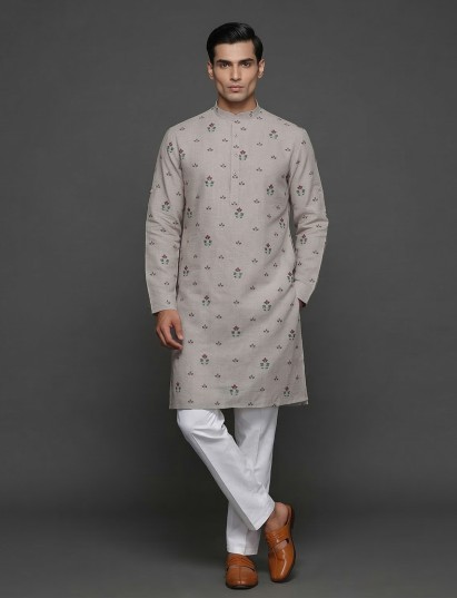 Light grey cotton linen embroidered festive kurta suit